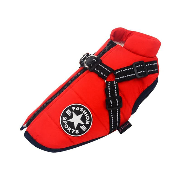 Waterproof Jacket for Dogs with Integrated Vest Harness - Red Color
