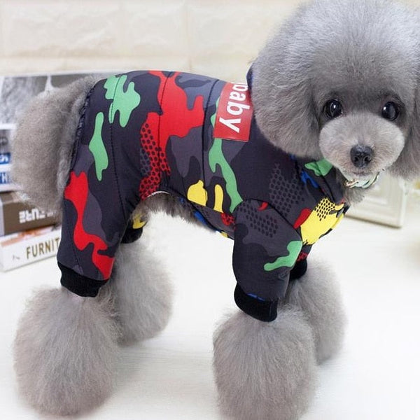 Windproof Dog Coat Pet Clothes Warm Winter 4 Legged Jumpsuit with Hoodie