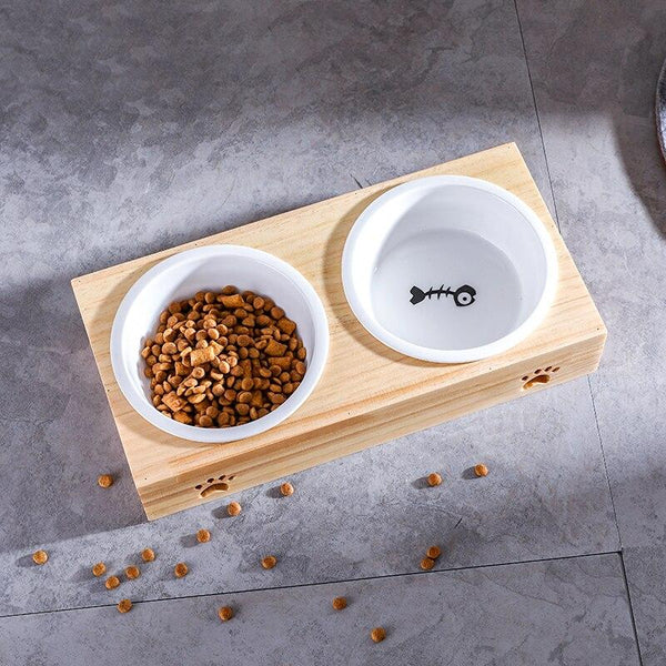 Double Serve Food and Water Bowl with Raised Wooden Stand for Cats