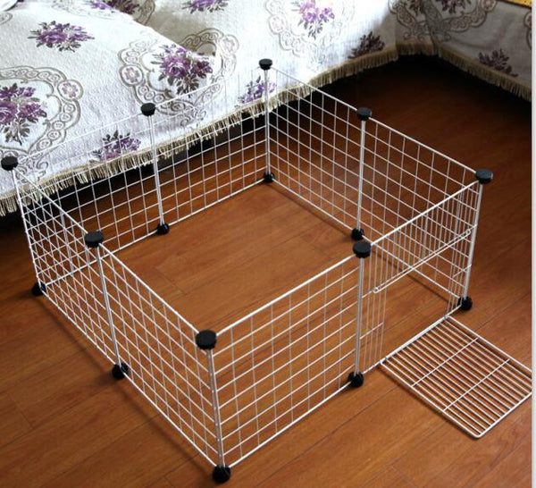 Foldable Pet Playpen Iron Fence Puppy Kennel, Enclosed Space for Small Pets - White With Door