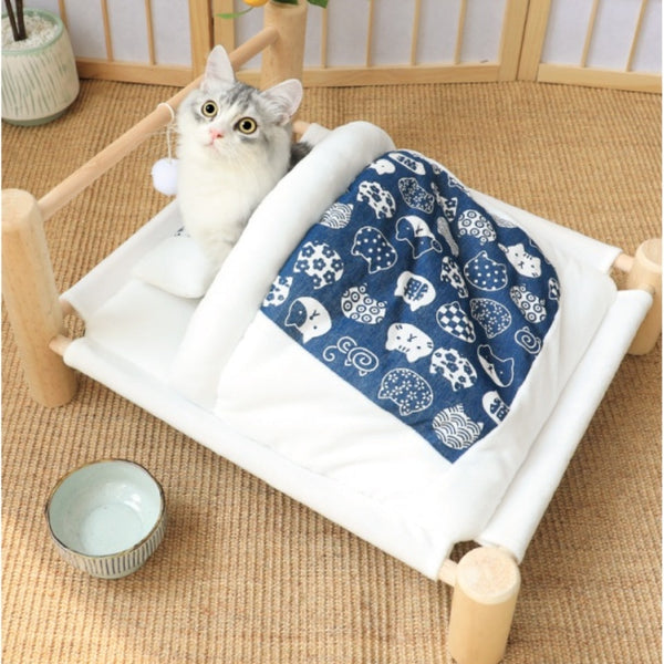 Wooden Frame Bed with Sleeping Bag for Cats