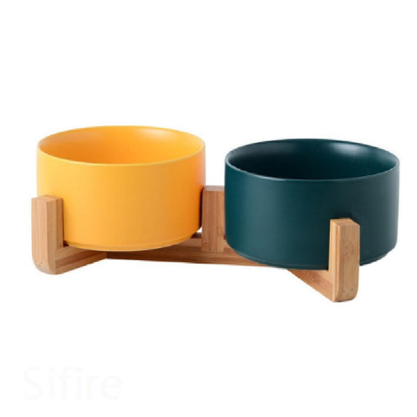 Ceramic Pet Food and Water Bowl Dish with Raised Wood Stand
