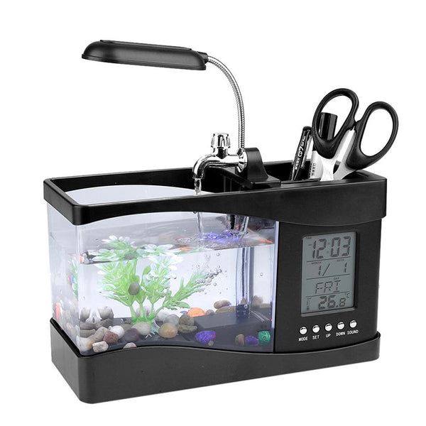 USB Desktop Mini Aquarium Beta Fish Tank with LED Light LCD Display Screen and Clock with Pebbles