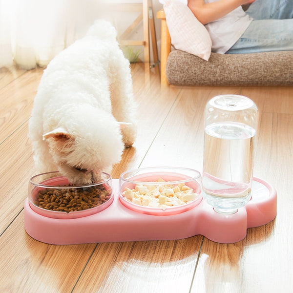 Pet Double Bowl Feeder Container with Automatic Water Dispenser For Dogs & Cats
