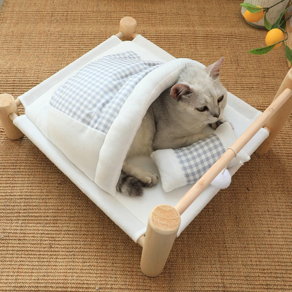 Wooden Frame Bed with Sleeping Bag for Cats