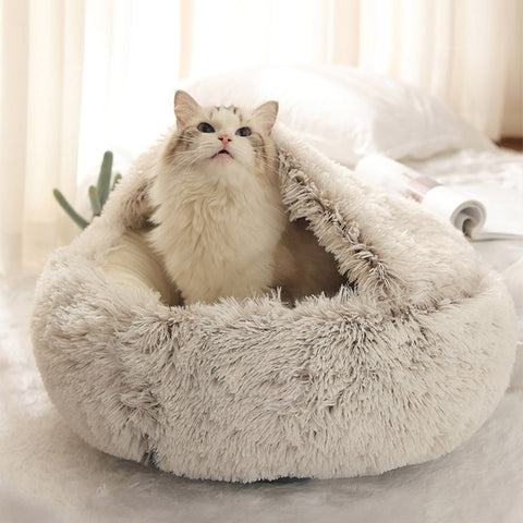 Round Plush Pet Bed Dog Cat Beds Soft Warm Plush House Nest with Lid