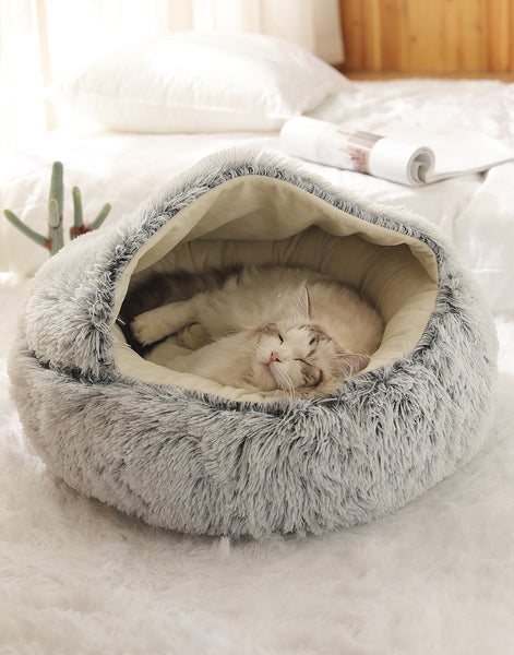 Round Plush Pet Bed Dog Cat Beds Soft Warm Plush House Nest with Lid