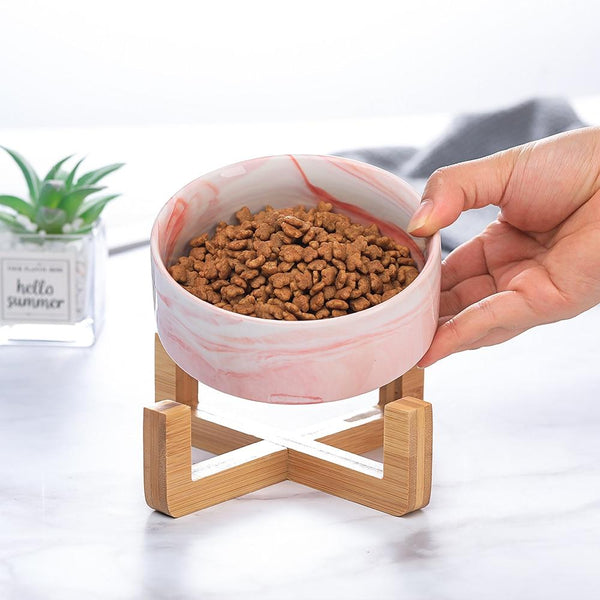 Ceramic Pet Food and Water Bowl Dish with Raised Wood Stand