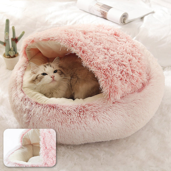 Round Plush Pet Bed Dog Cat Beds Soft Warm Plush House Nest with Lid