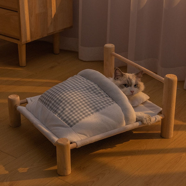 Wooden Frame Bed with Sleeping Bag for Cats