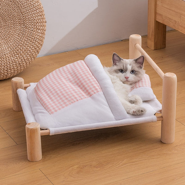 Wooden Frame Bed with Sleeping Bag for Cats