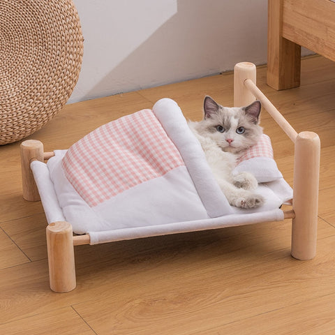 Wooden Frame Bed with Sleeping Bag for Cats