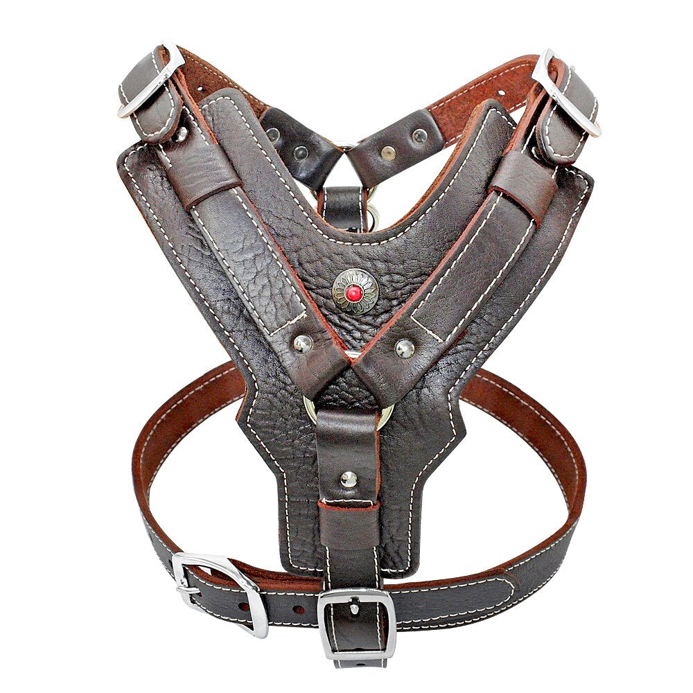 Genuine Leather Gladiator Vest Harness with Quick Control Handle for Large Dogs