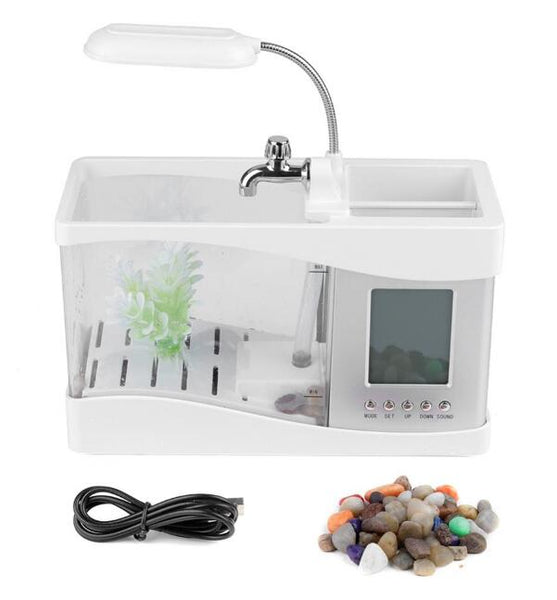 USB Desktop Mini Aquarium Beta Fish Tank with LED Light LCD Display Screen and Clock with Pebbles