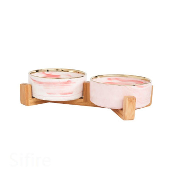 Ceramic Pet Food and Water Bowl Dish with Raised Wood Stand