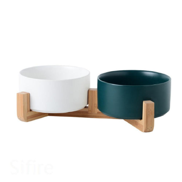 Ceramic Pet Food and Water Bowl Dish with Raised Wood Stand