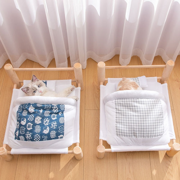 Wooden Frame Bed with Sleeping Bag for Cats