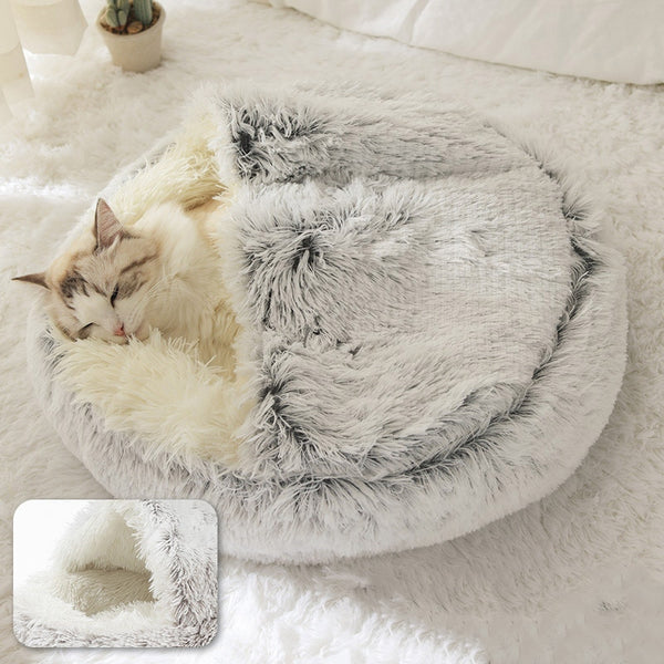 Round Plush Pet Bed Dog Cat Beds Soft Warm Plush House Nest with Lid