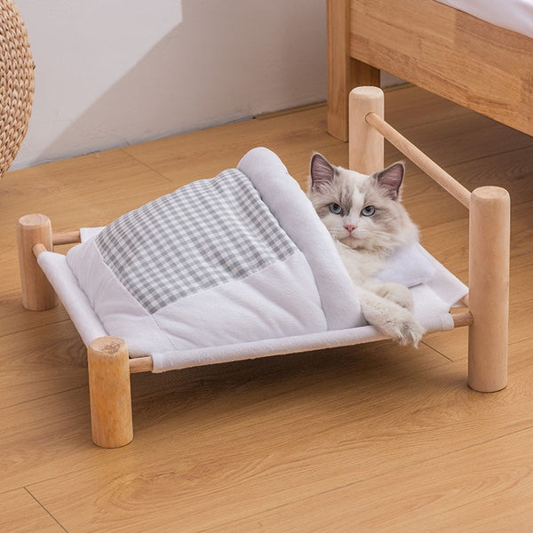 Wooden Frame Bed with Sleeping Bag for Cats