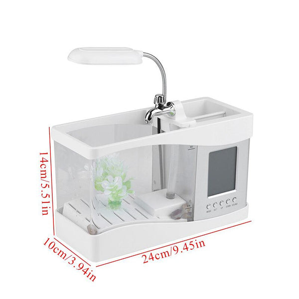 USB Desktop Mini Aquarium Beta Fish Tank with LED Light LCD Display Screen and Clock with Pebbles