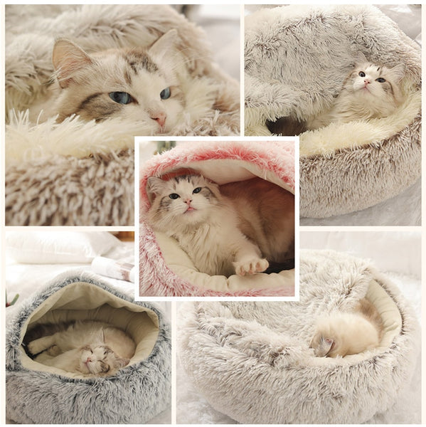 Round Plush Pet Bed Dog Cat Beds Soft Warm Plush House Nest with Lid