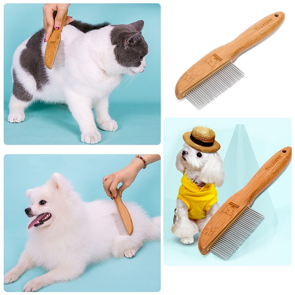 Pet Fur Grooming Combs and Brushes, Wooden Handle Square Head, Curved, Stainless Steel & Double-sided Brushes & Bristles