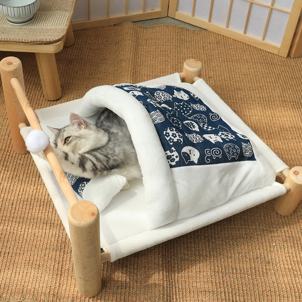 Wooden Frame Bed with Sleeping Bag for Cats