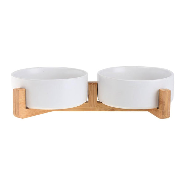 Ceramic Pet Food and Water Bowl Dish with Raised Wood Stand