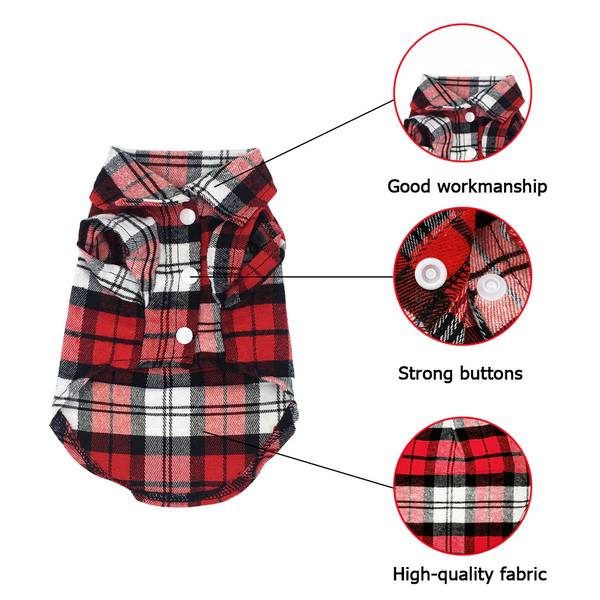 Plaid Shirts for Cats, Small to Medium Size Dogs, Cotton Pet Clothes T-Shirt