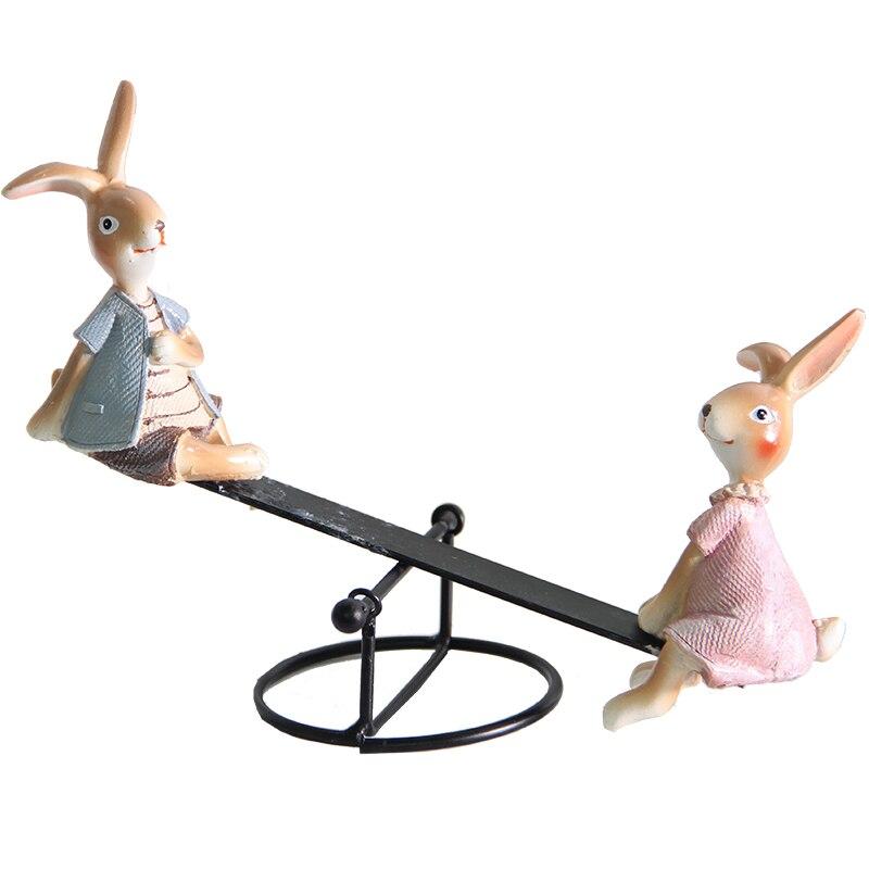 Playful Bunny Pair Home Decoration Figurines Seesaw