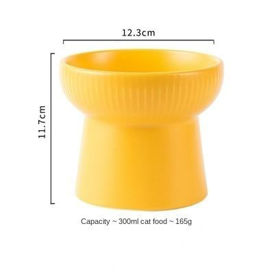 High Foot Cat Food Bowl Stripe Design Pet Food Bowls - Yellow Color + Dimensions