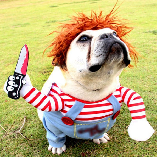 Funny Dog Chucky Cosplay Costume Holding a Knife Outfit