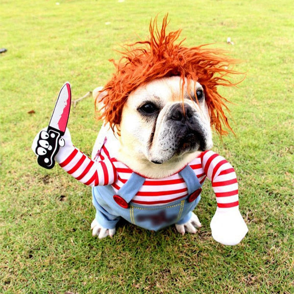 Funny Dog Chucky Cosplay Costume Holding a Knife Outfit