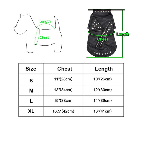 Cool Leather Jacket Pet Clothes for Cats, Small Dogs - Size Chart