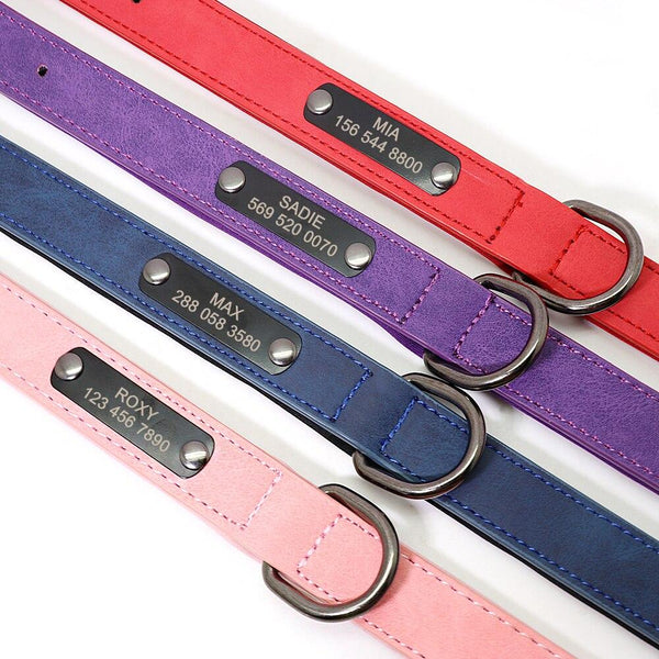 Custom Engraved Dog Collar, PU Leather Personalized Collars, Multi-Color - For Small and Medium Size Dogs