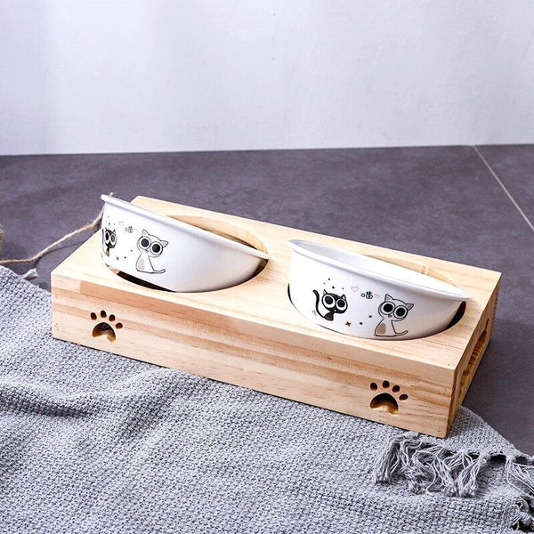 Double Serve Food and Water Bowl with Raised Wooden Stand for Cats