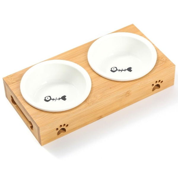 Double Serve Food and Water Bowl with Raised Wooden Stand for Cats