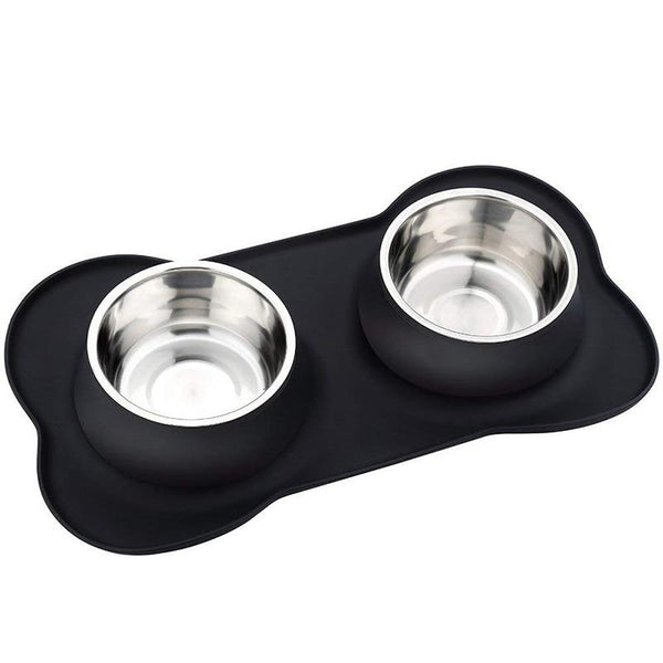 Double Pet Feeding Bowl With Silicone Mat & Stainless Steel Bowls Drinking Water Food Feeder