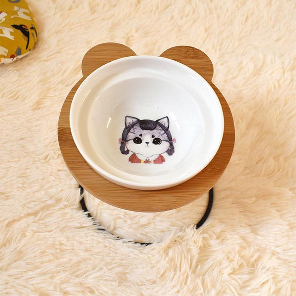 Fashion High-end Double Pet Bowls with Various Cartoon Patterns Stainless Steel Shelf Ceramic Bowl Feeding and Drinking for Dogs and Cats