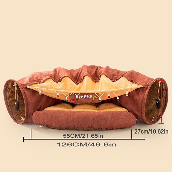 Cats Tunnel Shelter with Cushion Bed and Hammock - Burgundy Color