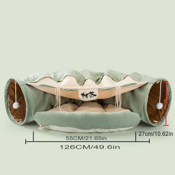 Cats Tunnel Shelter with Cushion Bed and Hammock - Green Color