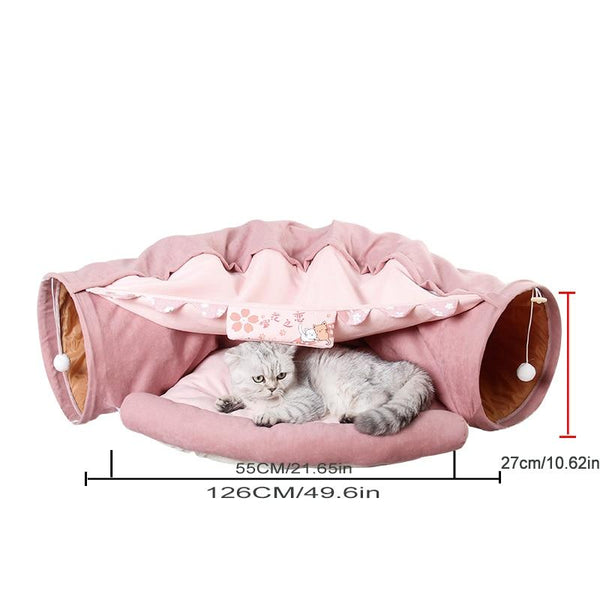 Cats Tunnel Shelter with Cushion Bed and Hammock - Pink Color