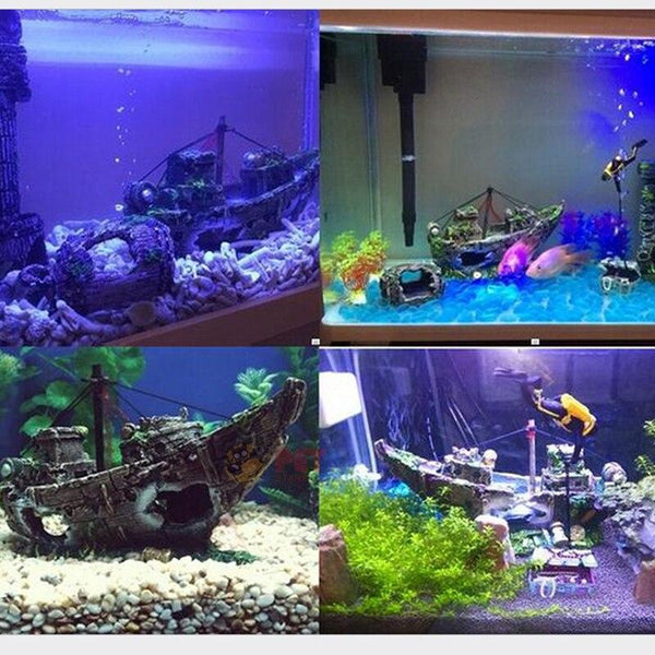 Resin Shipwreck Aquarium Decoration Pirate Treasure Ship & Fishing Net Fish Tank Statue