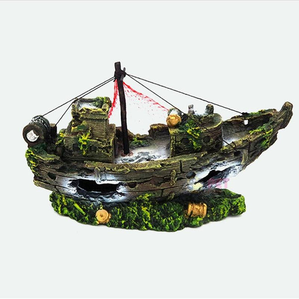 Resin Shipwreck Aquarium Decoration Pirate Treasure Ship & Fishing Net Fish Tank Statue