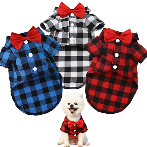 Plaid Striped Shirt Suit with Bow Tie Puppy Dress for Small-Medium Size Dog, Cat