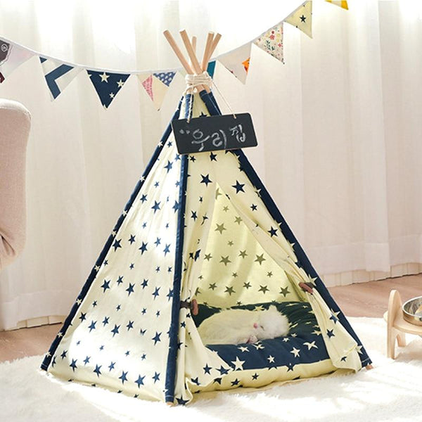 Portable Linen Pet Tent House Indoor Outdoor Bed with Mat