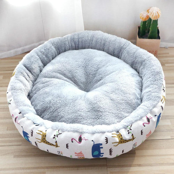 Round Shape Super Soft Pet Cushion Mat for Dogs & Cats - White Color, Africa Animals Design