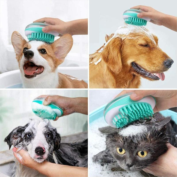 Soft Silicone Pet Bathing Comb, 2 in 1 Massage Brush and Soap Dispenser - For Dogs and Cats, All Sizes and Breeds