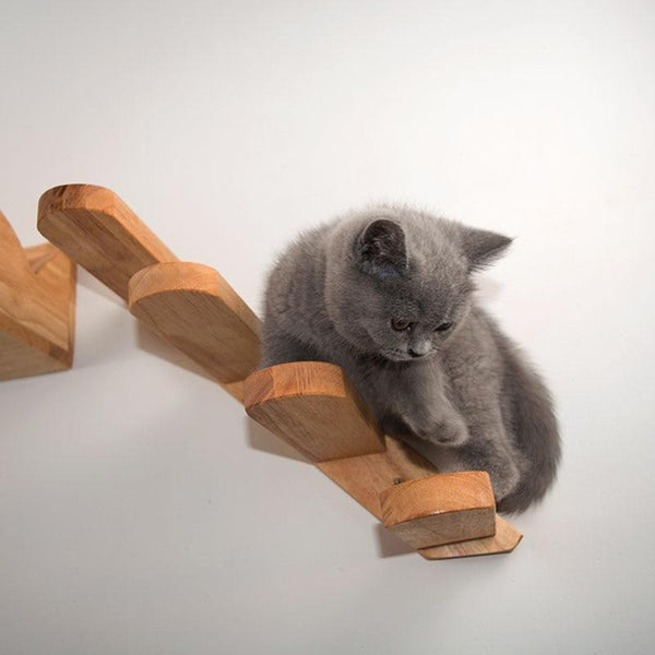 Wall Mounted Cat Climbing Ladder Wooded Stairs Platform, Furniture for Kittens - Pet Furniture