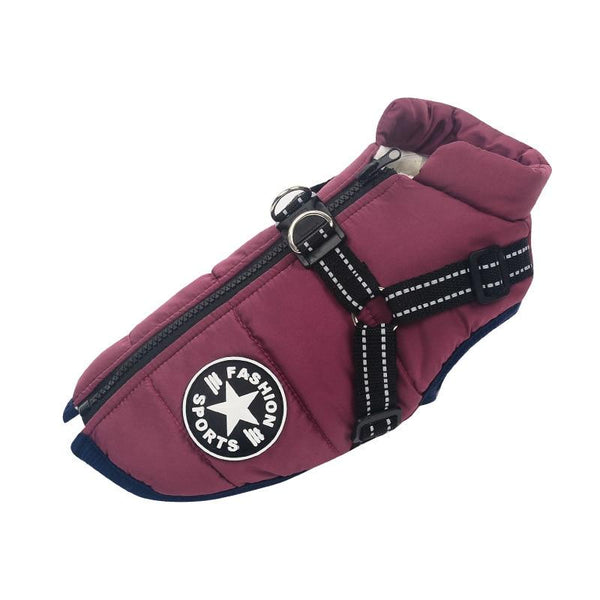 Waterproof Jacket for Dogs with Integrated Vest Harness - Burgundy Color